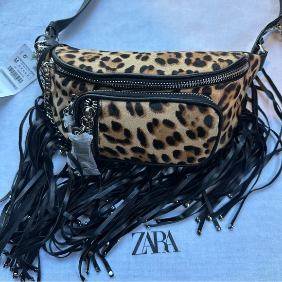 New Zara $79 Animal Print Fur Fringe Zippered Crossbody Belt Bag 3808/004 - Picture 6 of 13